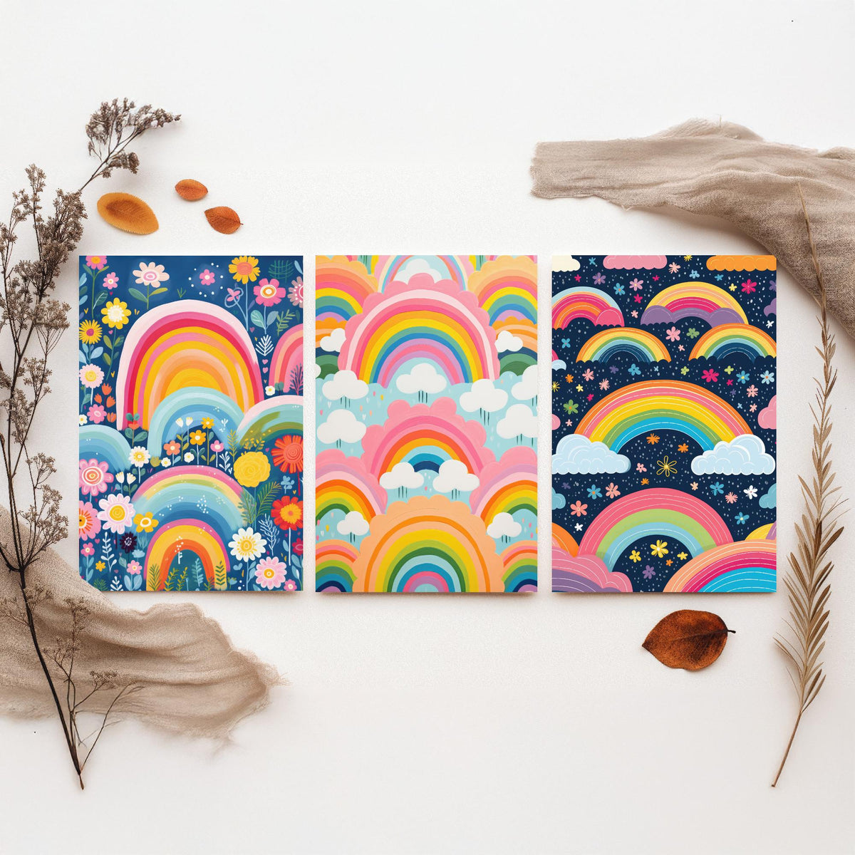Rainbow Patterns Set of Three Art Prints - Rainbows, Clouds and Flowers - Retro Pastel Poster Illustration V3