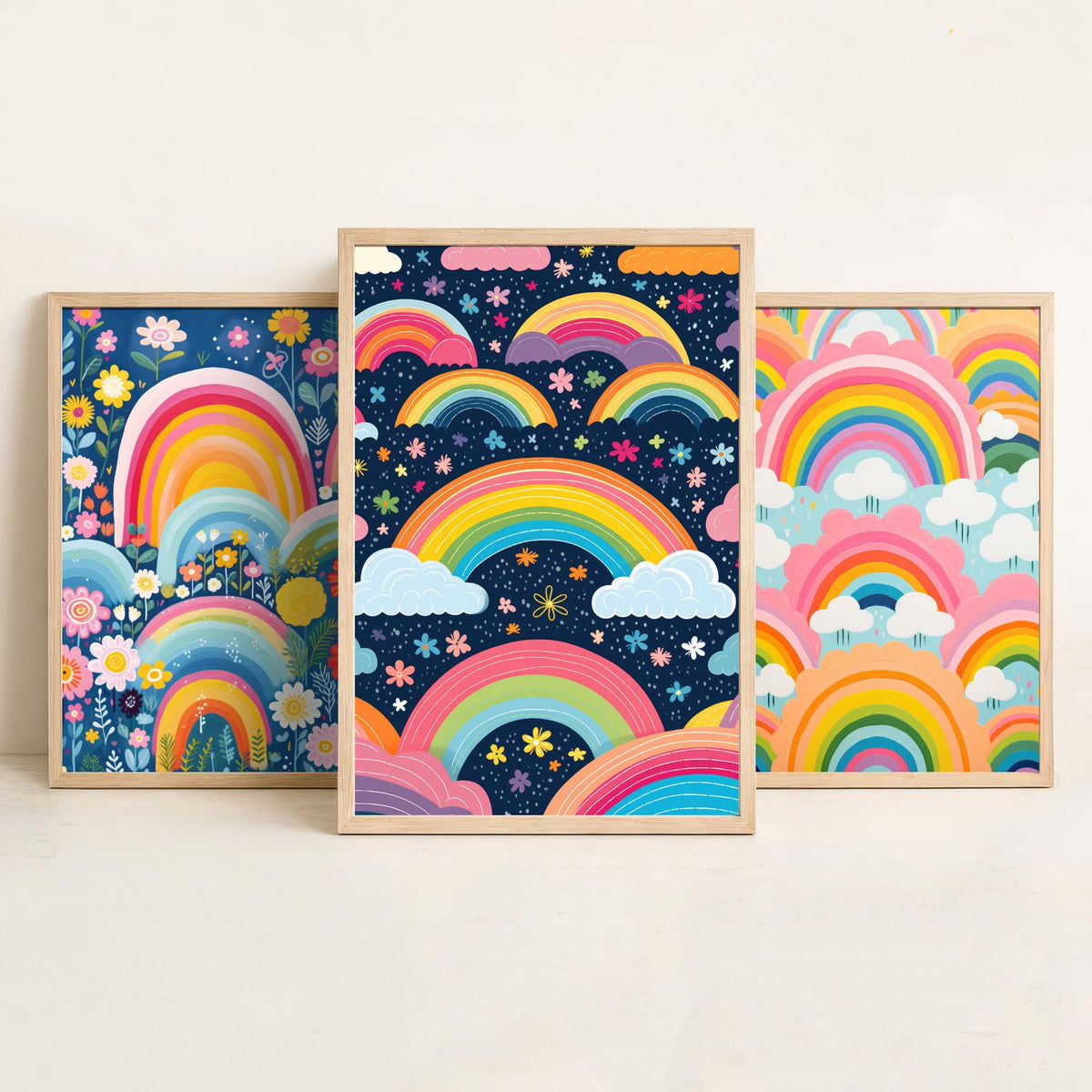 Rainbow Patterns Set of Three Art Prints - Rainbows, Clouds and Flowers - Retro Pastel Poster Illustration V3