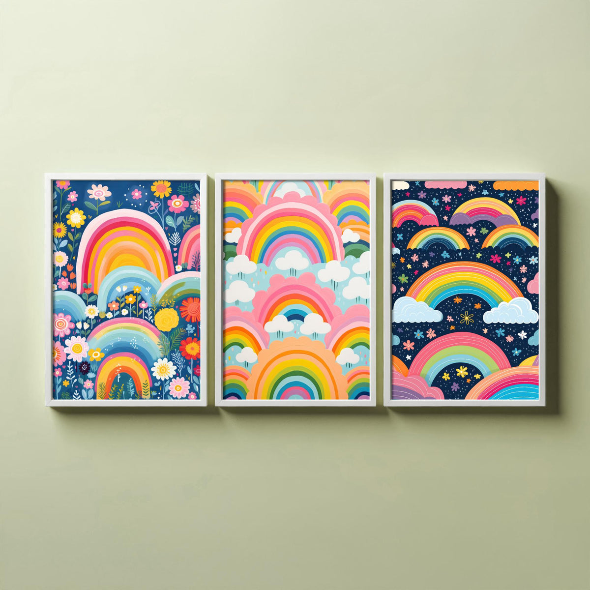 Rainbow Patterns Set of Three Art Prints - Rainbows, Clouds and Flowers - Retro Pastel Poster Illustration V3
