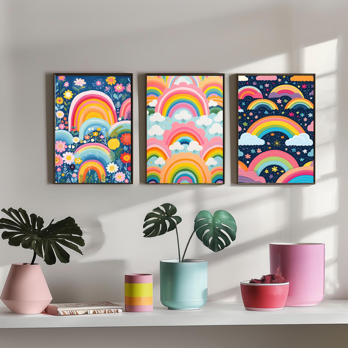 Rainbow Patterns Set of Three Art Prints - Rainbows, Clouds and Flowers - Retro Pastel Poster Illustration V3