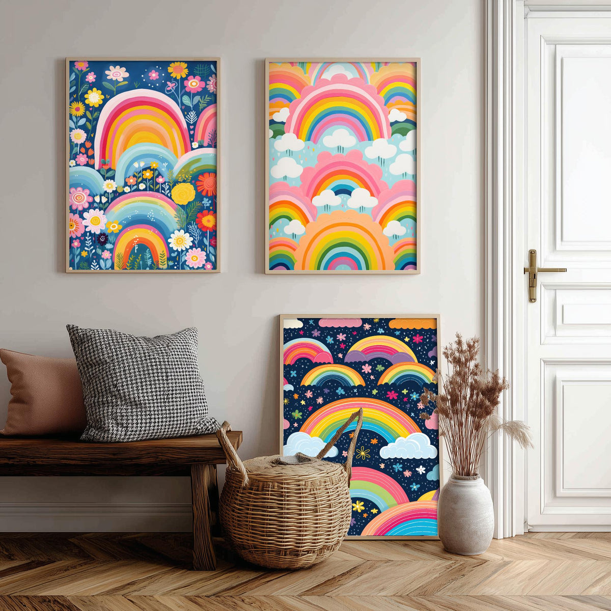 Rainbow Patterns Set of Three Art Prints - Rainbows, Clouds and Flowers - Retro Pastel Poster Illustration V3