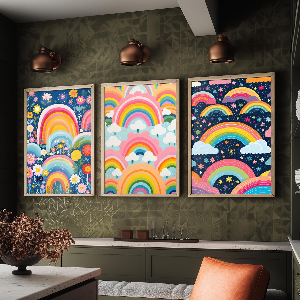 Rainbow Patterns Set of Three Art Prints - Rainbows, Clouds and Flowers - Retro Pastel Poster Illustration V3