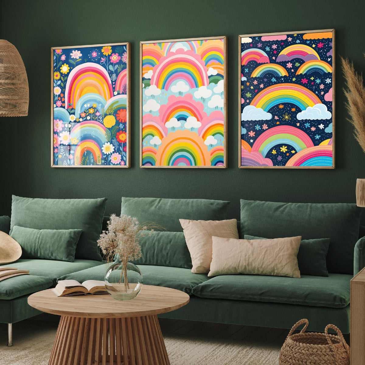 Rainbow Patterns Set of Three Art Prints - Rainbows, Clouds and Flowers - Retro Pastel Poster Illustration V3