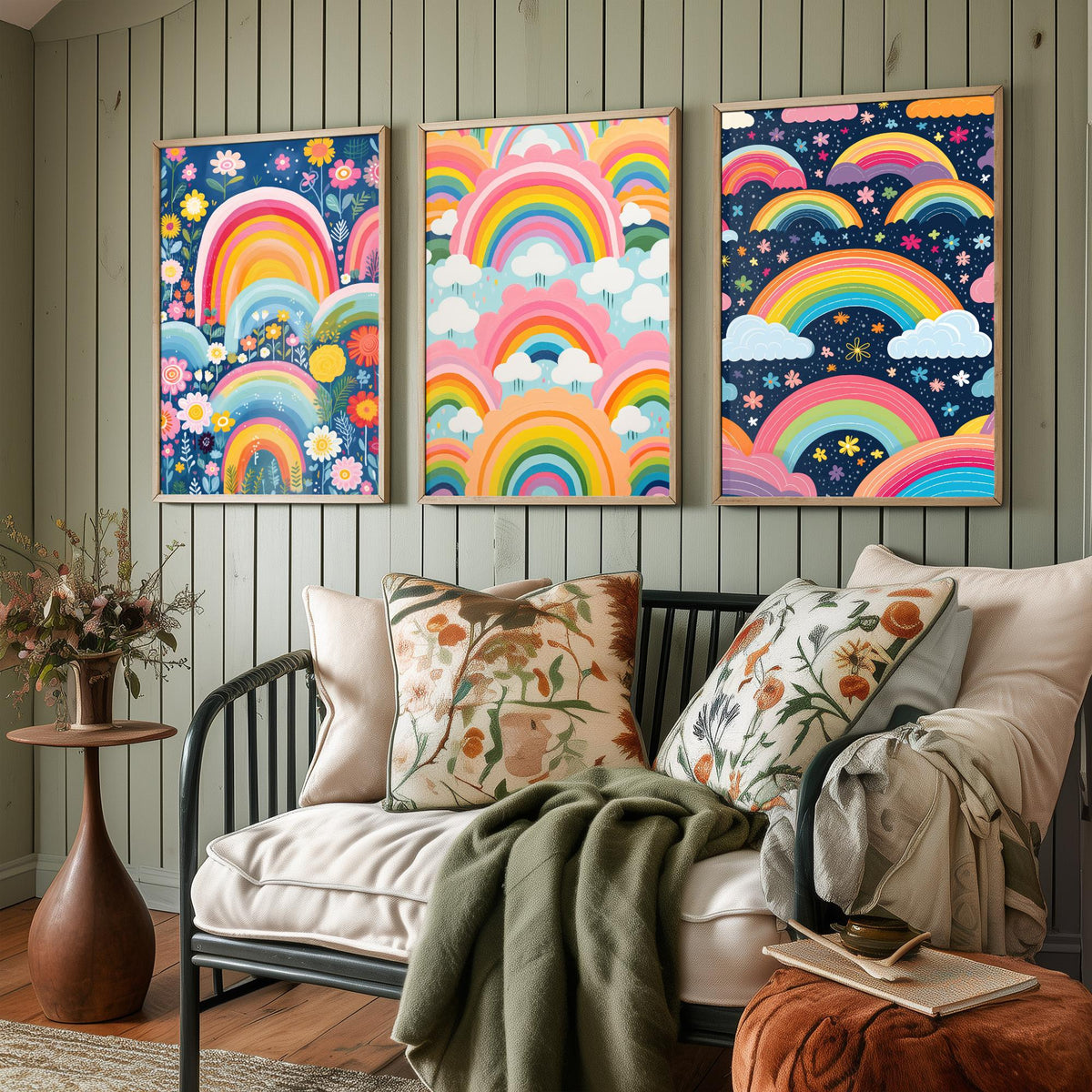 Rainbow Patterns Set of Three Art Prints - Rainbows, Clouds and Flowers - Retro Pastel Poster Illustration V3