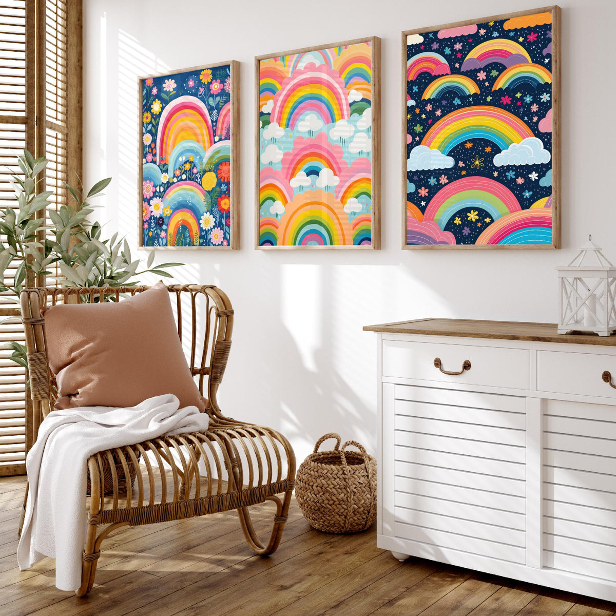 Rainbow Patterns Set of Three Art Prints - Rainbows, Clouds and Flowers - Retro Pastel Poster Illustration V3
