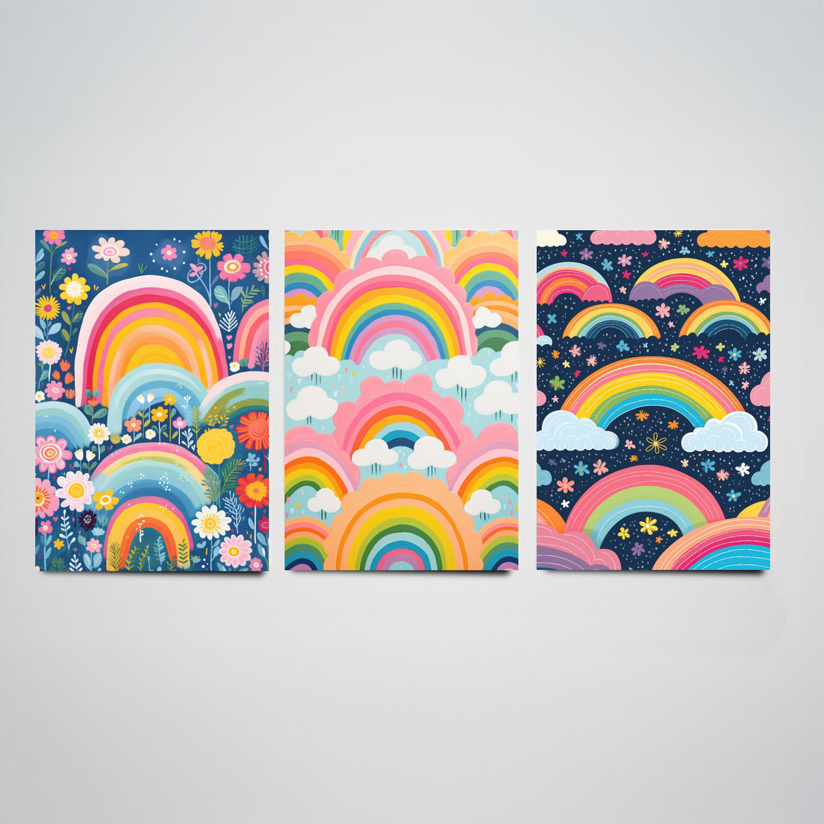 Rainbow Patterns Set of Three Art Prints - Rainbows, Clouds and Flowers - Retro Pastel Poster Illustration V3
