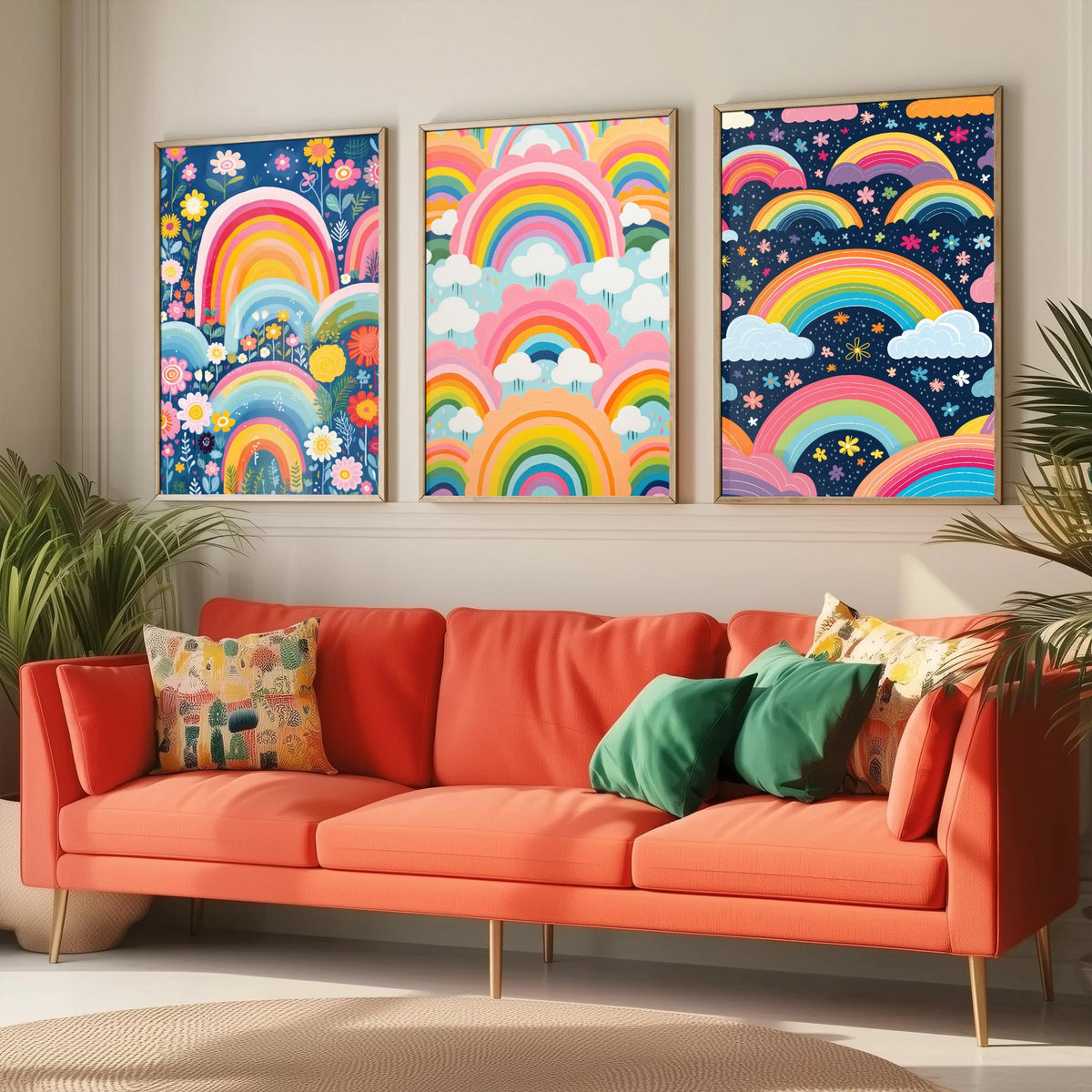 Rainbow Patterns Set of Three Art Prints - Rainbows, Clouds and Flowers - Retro Pastel Poster Illustration V3
