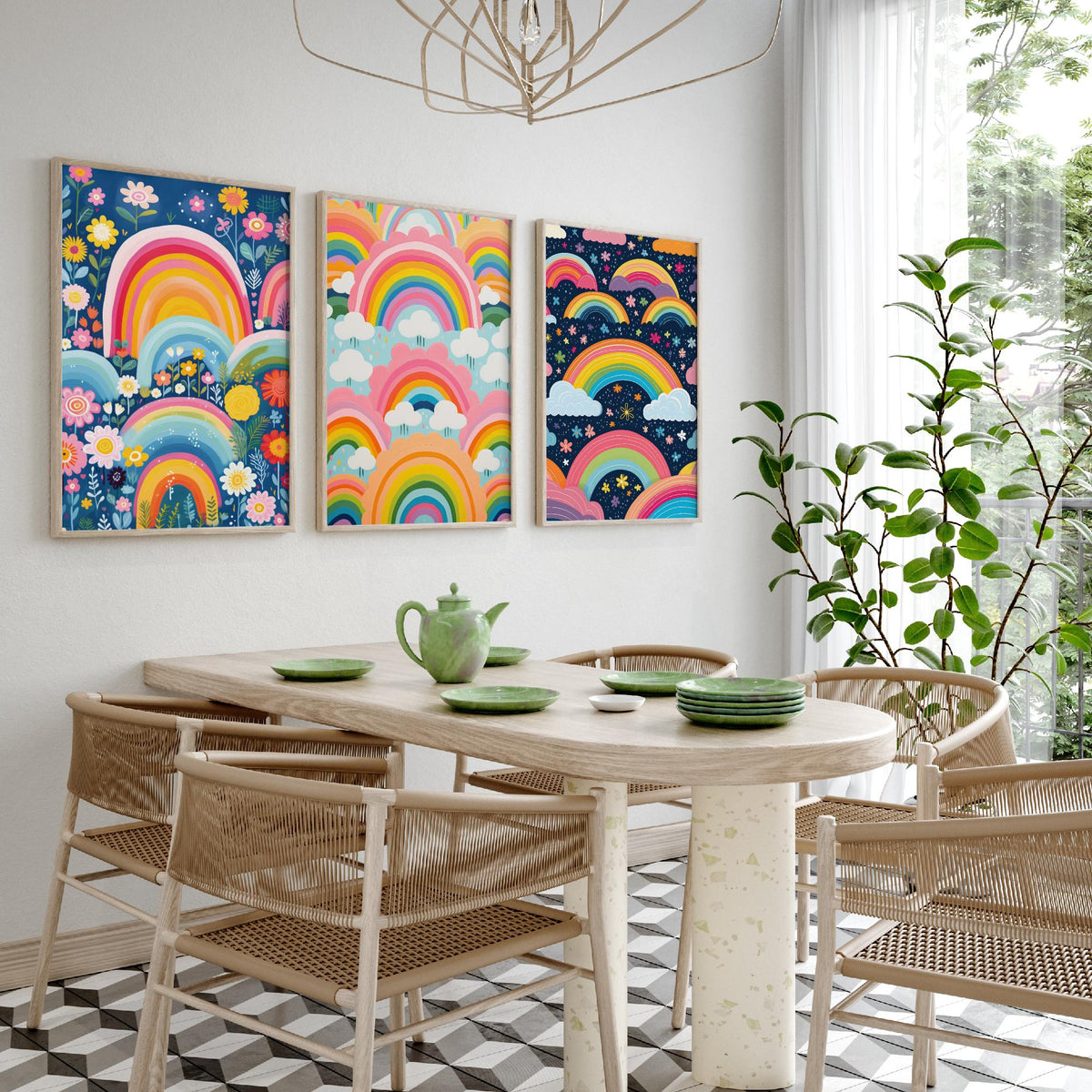 Rainbow Patterns Set of Three Art Prints - Rainbows, Clouds and Flowers - Retro Pastel Poster Illustration V3
