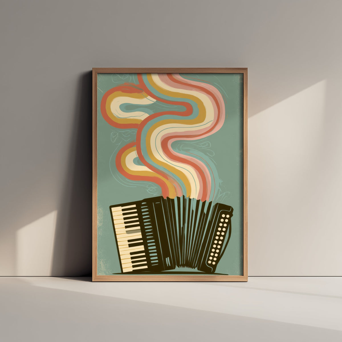 Piano Accordion Art Print - Rainbow Squeezebox Poster - Sage Green Retro Illustration 2/3