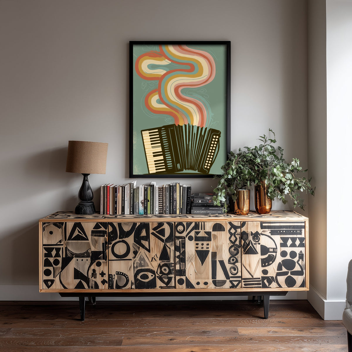 Piano Accordion Art Print - Rainbow Squeezebox Poster - Sage Green Retro Illustration 2/3