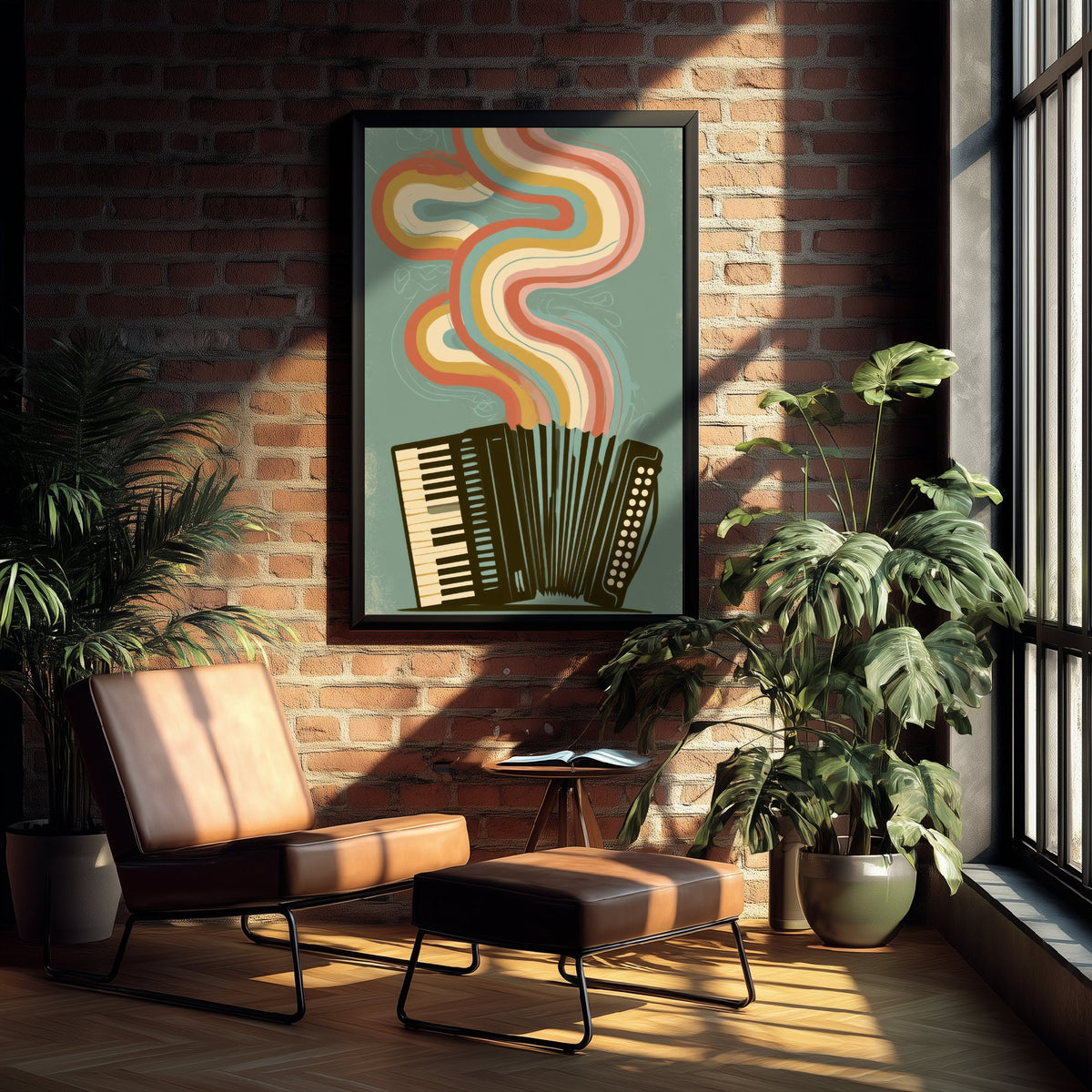 Piano Accordion Art Print - Rainbow Squeezebox Poster - Sage Green Retro Illustration 2/3