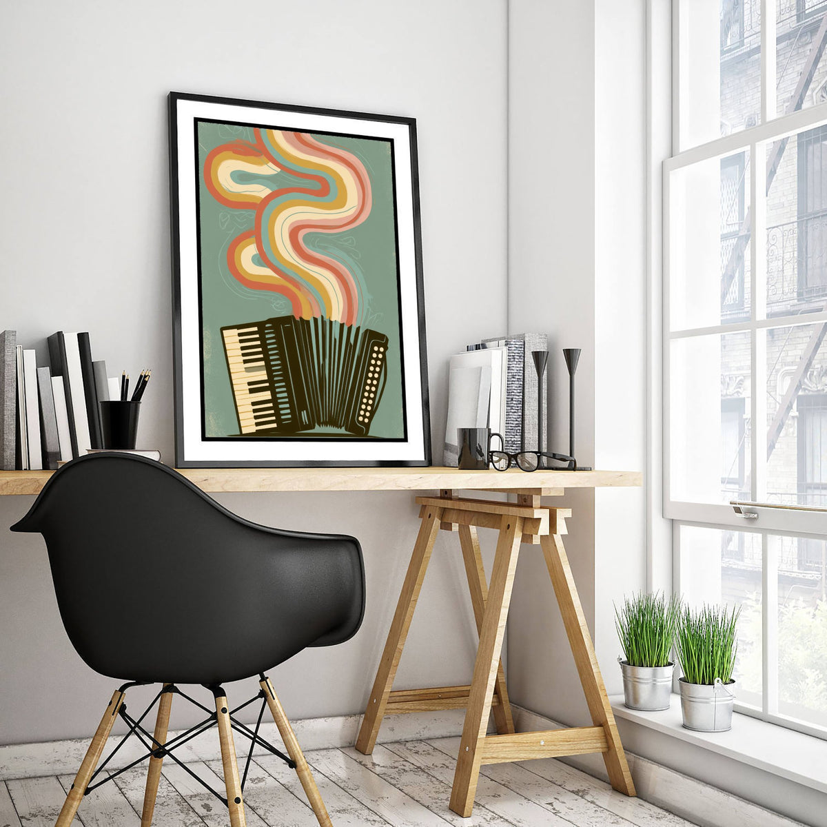 Piano Accordion Art Print - Rainbow Squeezebox Poster - Sage Green Retro Illustration 2/3