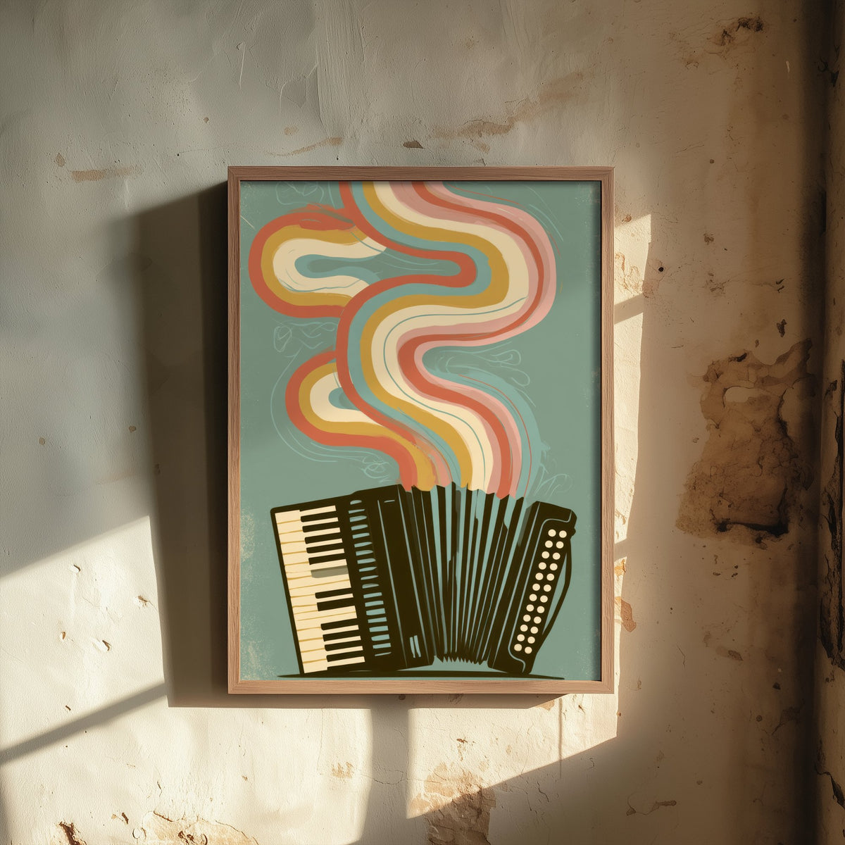 Piano Accordion Art Print - Rainbow Squeezebox Poster - Sage Green Retro Illustration 2/3