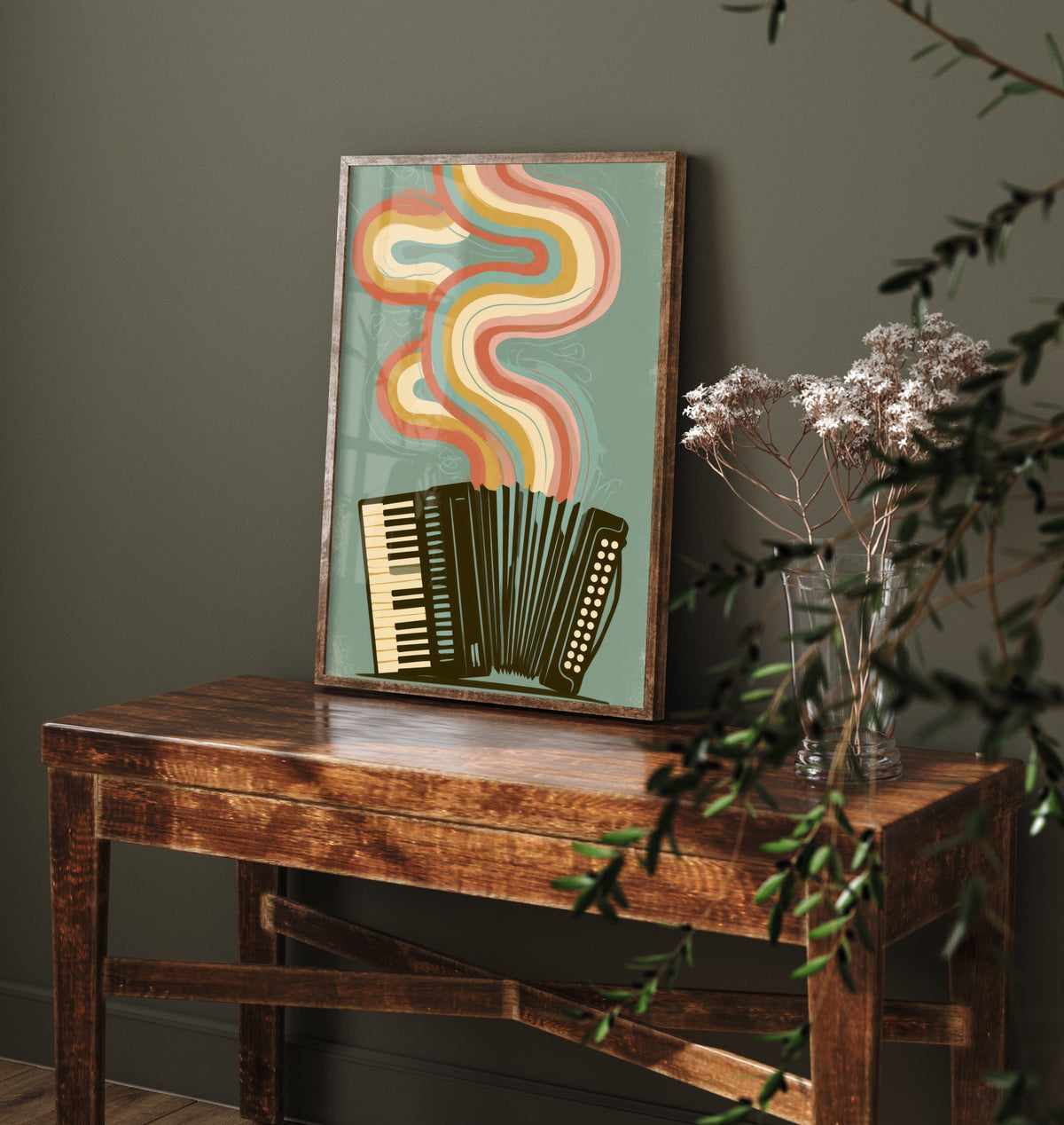 Piano Accordion Art Print - Rainbow Squeezebox Poster - Sage Green Retro Illustration 2/3