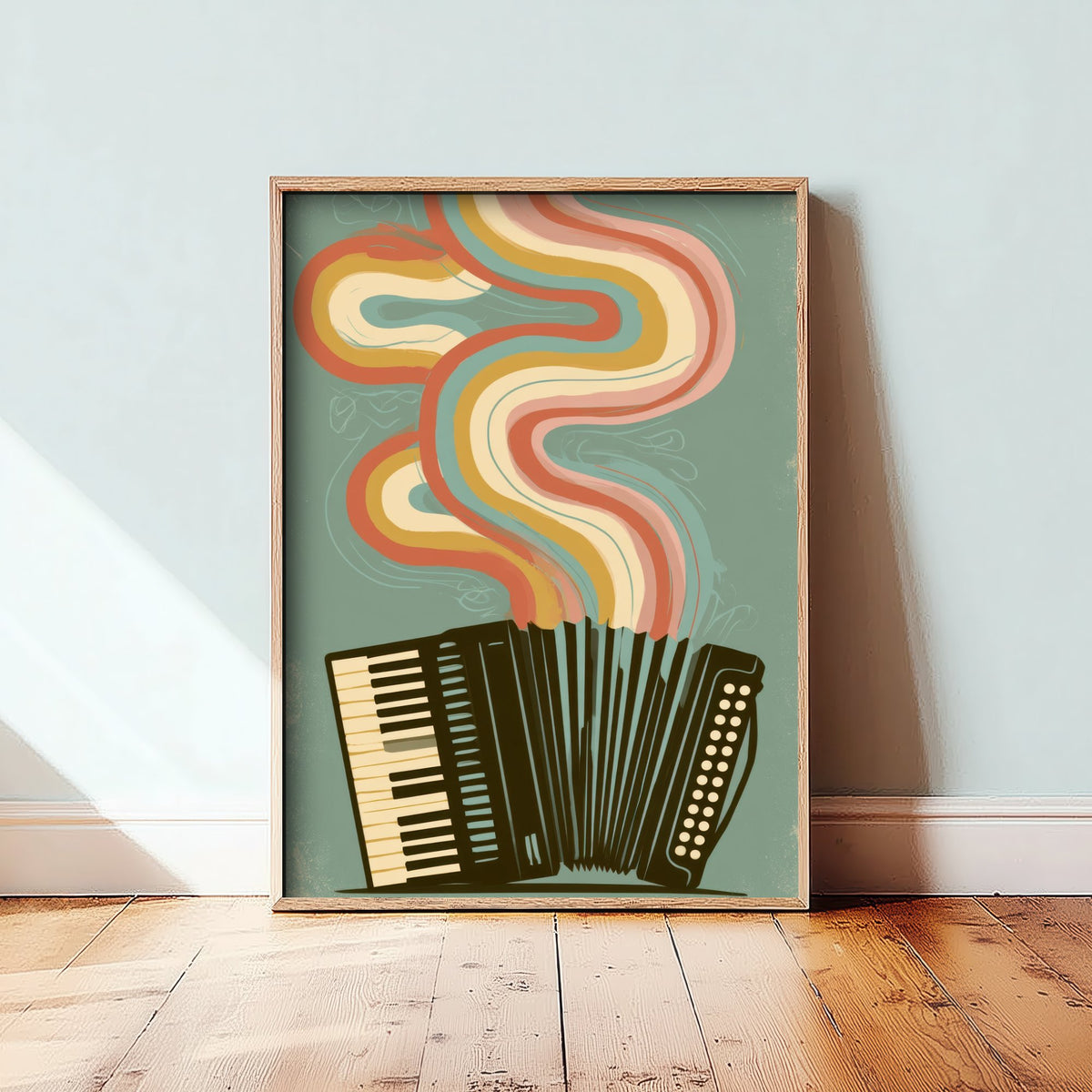 Piano Accordion Art Print - Rainbow Squeezebox Poster - Sage Green Retro Illustration 2/3