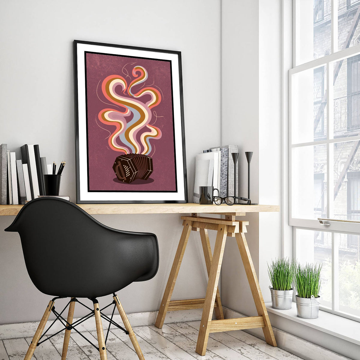 Concertina Art Print - Hexagonal Squeezebox Poster - Plum Rainbow Smoke Music Illustration 3/3
