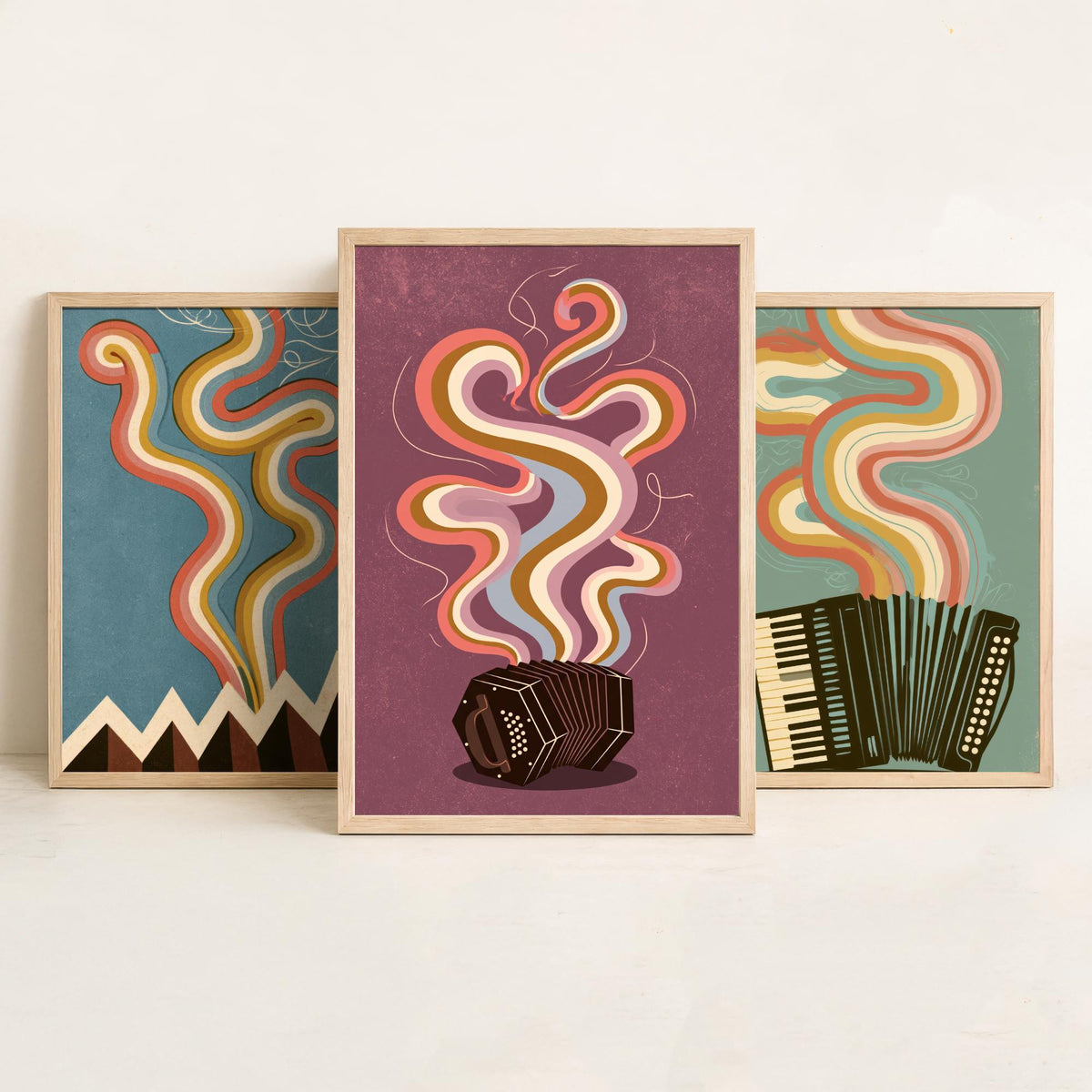 Accordion and Concertina Set of Three Art Prints - Bellows Folds, Piano Accordion, Squeezebox - Retro Rainbow Music Poster Illustration