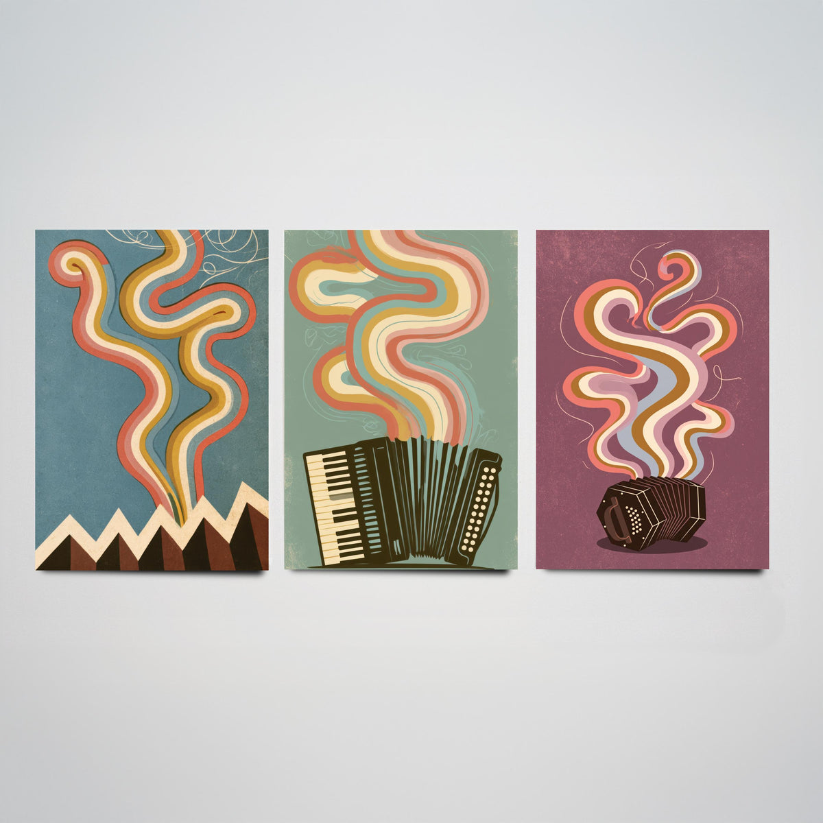 Accordion and Concertina Set of Three Art Prints - Bellows Folds, Piano Accordion, Squeezebox - Retro Rainbow Music Poster Illustration