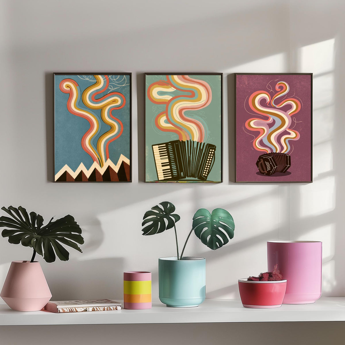 Accordion and Concertina Set of Three Art Prints - Bellows Folds, Piano Accordion, Squeezebox - Retro Rainbow Music Poster Illustration