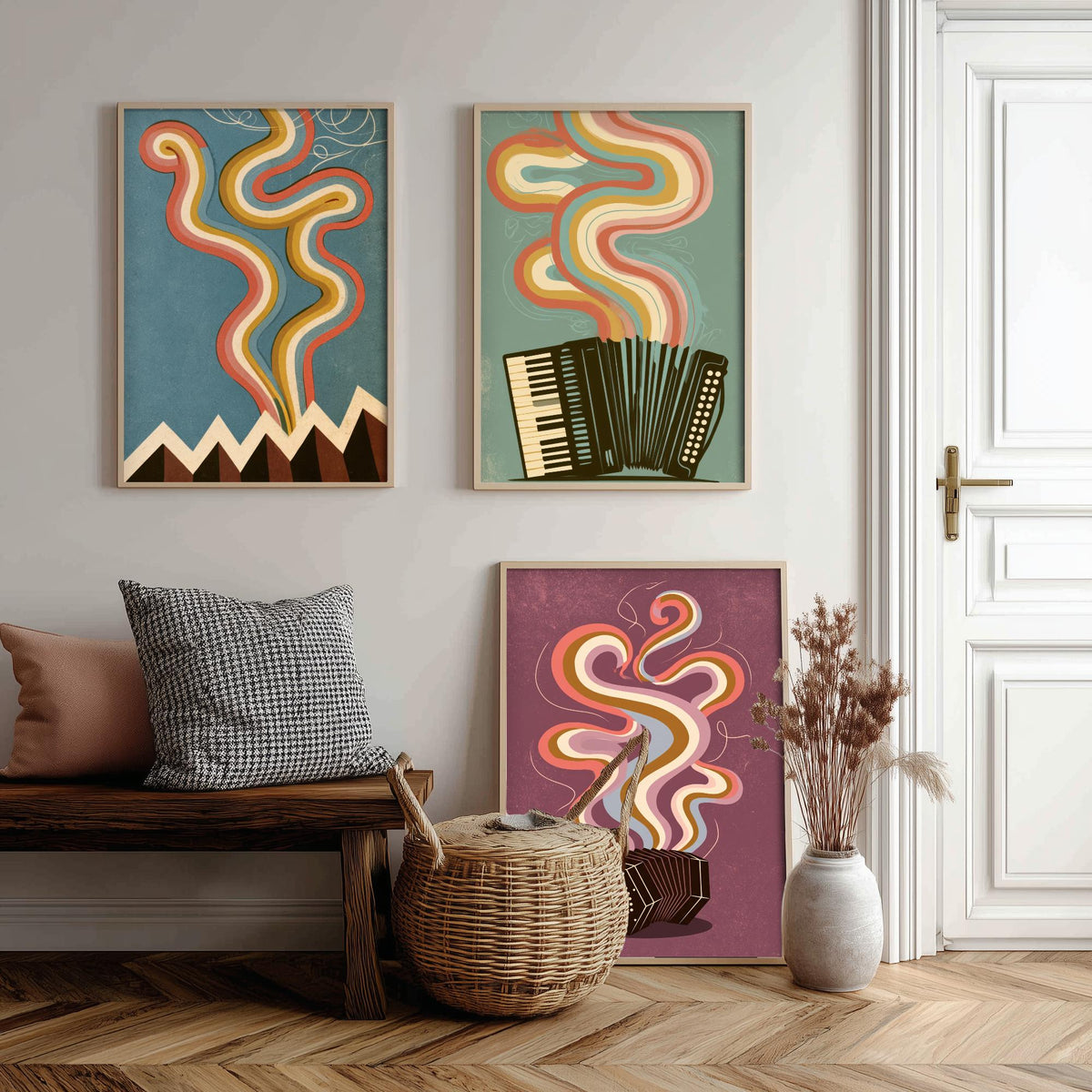 Accordion and Concertina Set of Three Art Prints - Bellows Folds, Piano Accordion, Squeezebox - Retro Rainbow Music Poster Illustration