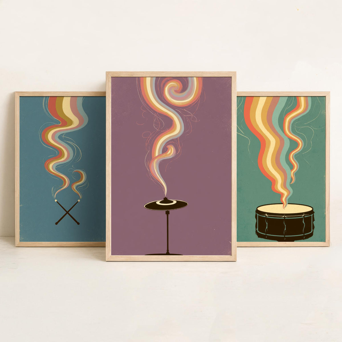 Drumsticks, Snare Drum and Cymbal Set of Three Art Prints - Rainbow Drummer Poster - Retro Percussion Illustration