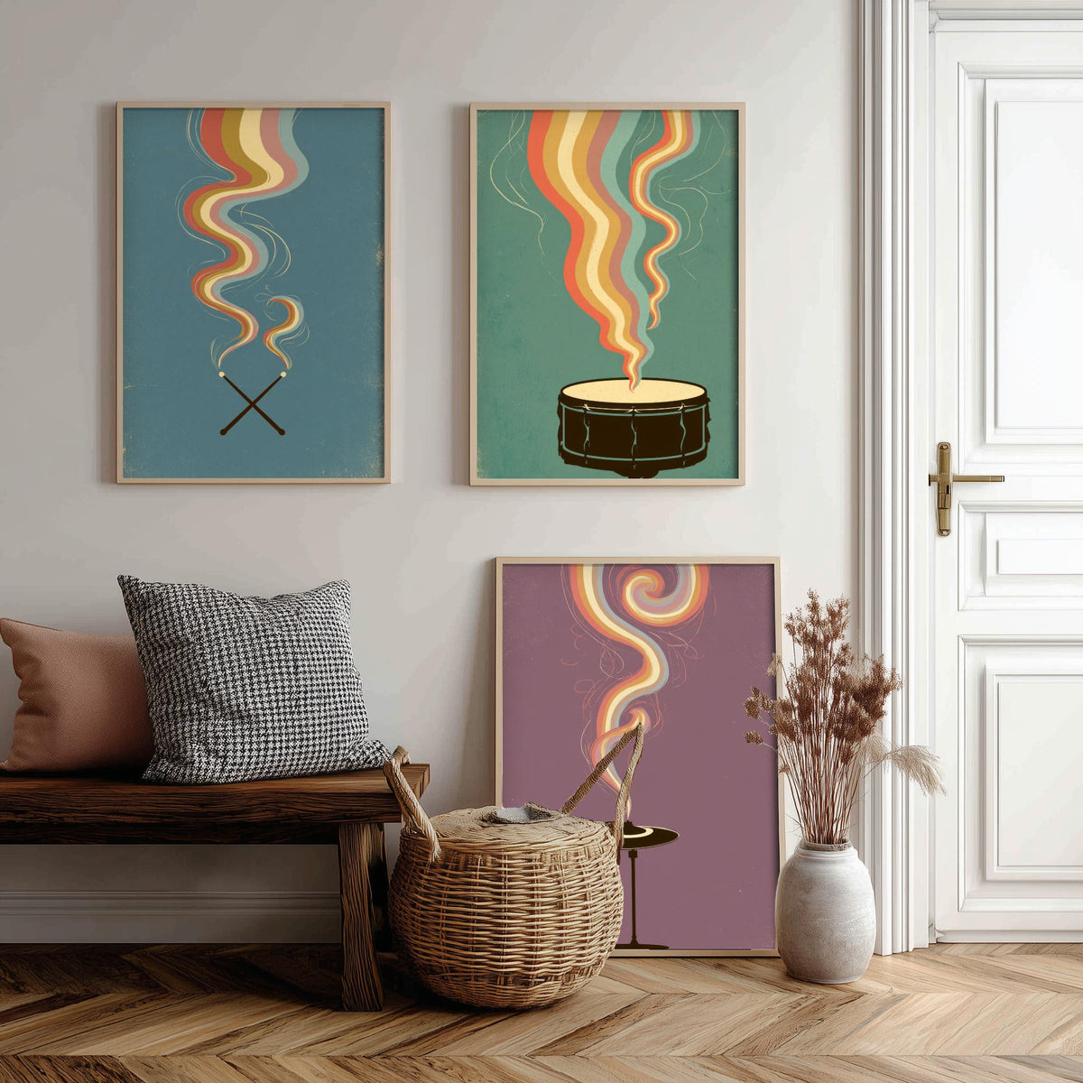 Drumsticks, Snare Drum and Cymbal Set of Three Art Prints - Rainbow Drummer Poster - Retro Percussion Illustration