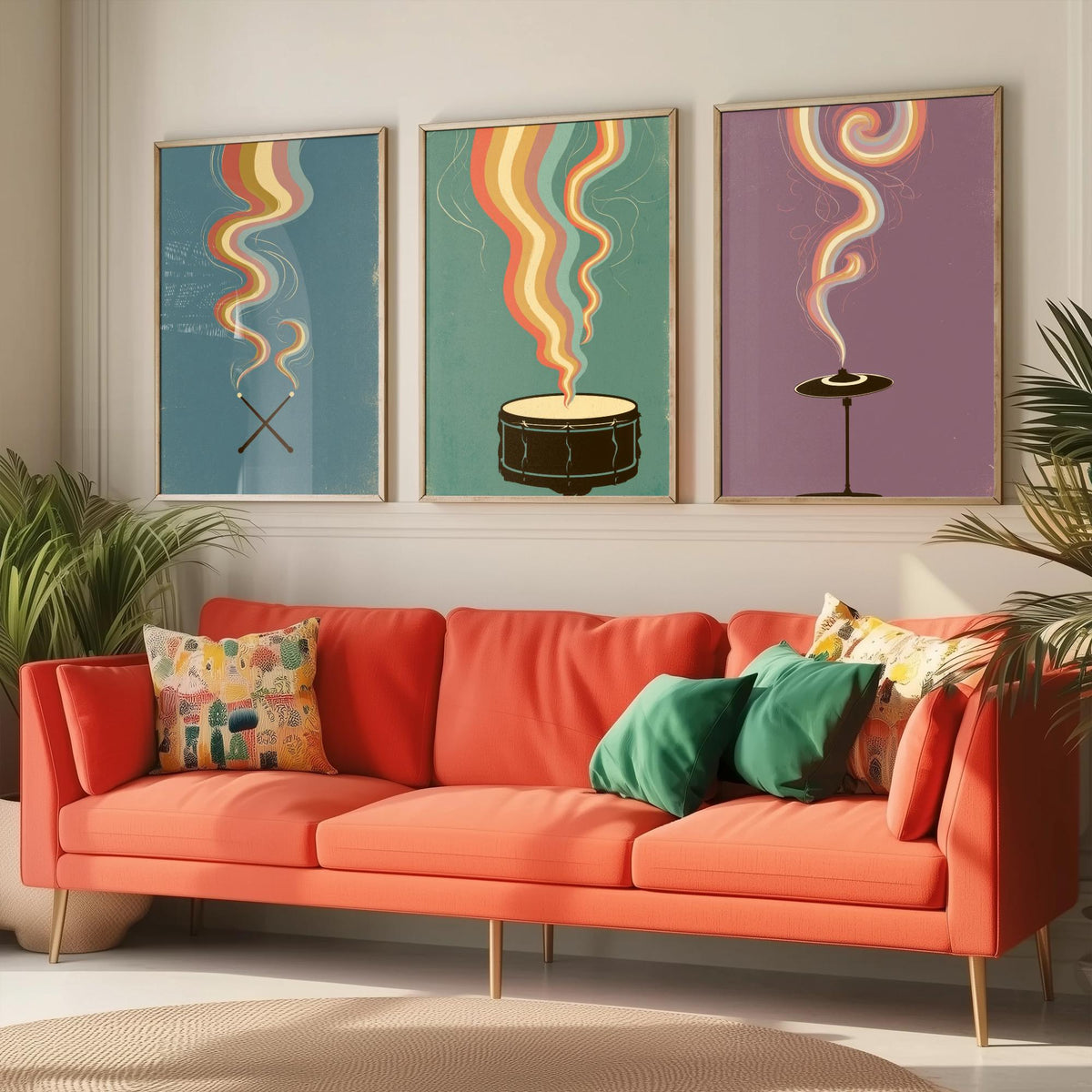 Drumsticks, Snare Drum and Cymbal Set of Three Art Prints - Rainbow Drummer Poster - Retro Percussion Illustration