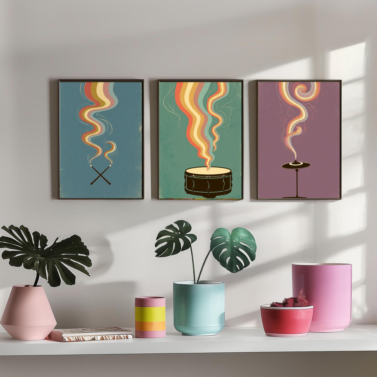 Drumsticks, Snare Drum and Cymbal Set of Three Art Prints - Rainbow Drummer Poster - Retro Percussion Illustration