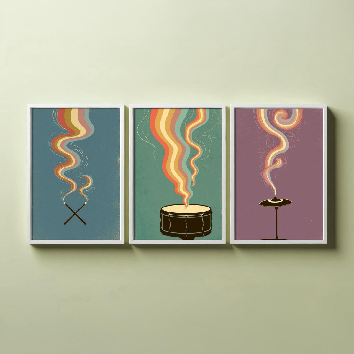 Drumsticks, Snare Drum and Cymbal Set of Three Art Prints - Rainbow Drummer Poster - Retro Percussion Illustration
