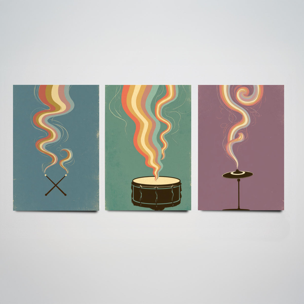 Drumsticks, Snare Drum and Cymbal Set of Three Art Prints - Rainbow Drummer Poster - Retro Percussion Illustration