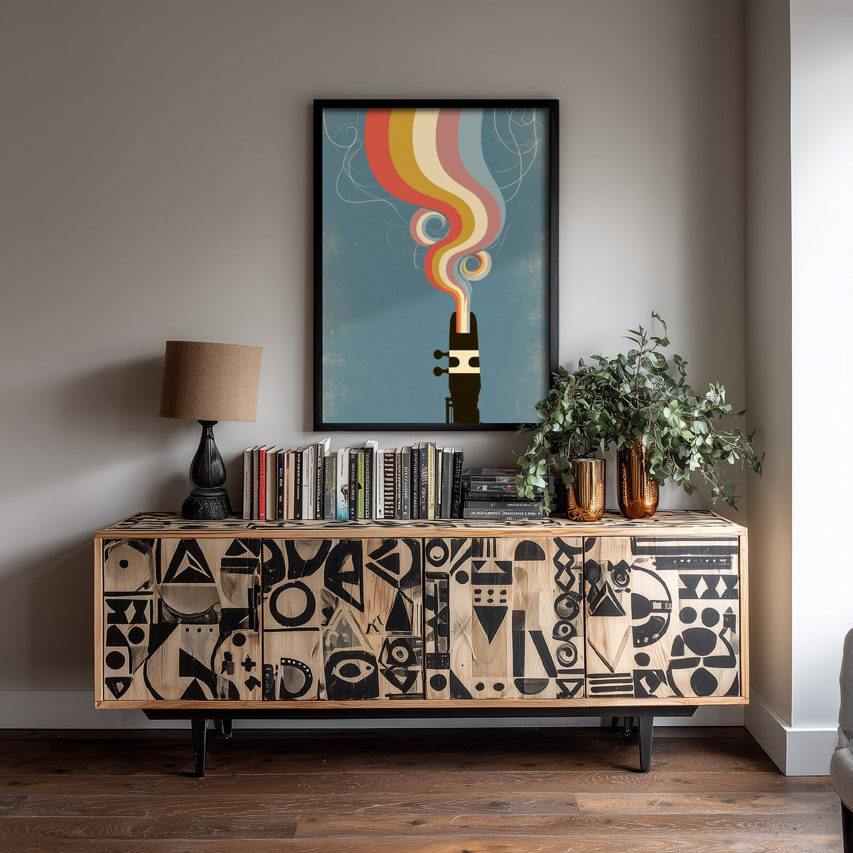 Saxophone Mouthpiece Art Print - Reed and Ligature Poster - Retro Jazz Rainbow Illustration 1/3