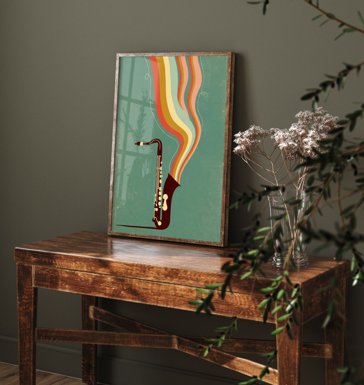 Saxophone Art Print - Burgundy Sax Jazz Poster - Sage Green Rainbow Illustration 2/3