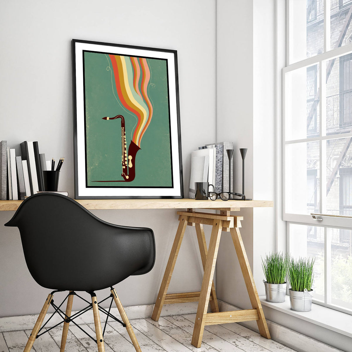 Saxophone Art Print - Burgundy Sax Jazz Poster - Sage Green Rainbow Illustration 2/3