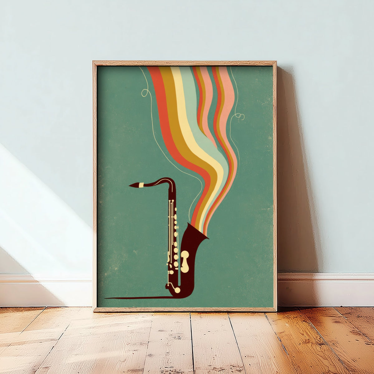 Saxophone Art Print - Burgundy Sax Jazz Poster - Sage Green Rainbow Illustration 2/3