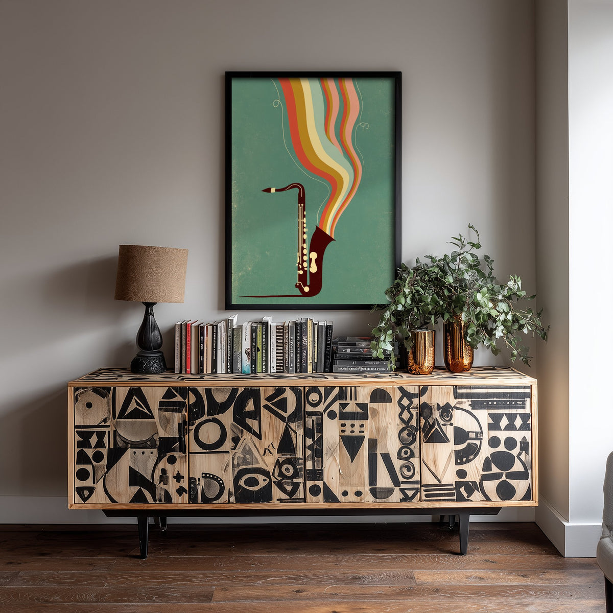 Saxophone Art Print - Burgundy Sax Jazz Poster - Sage Green Rainbow Illustration 2/3