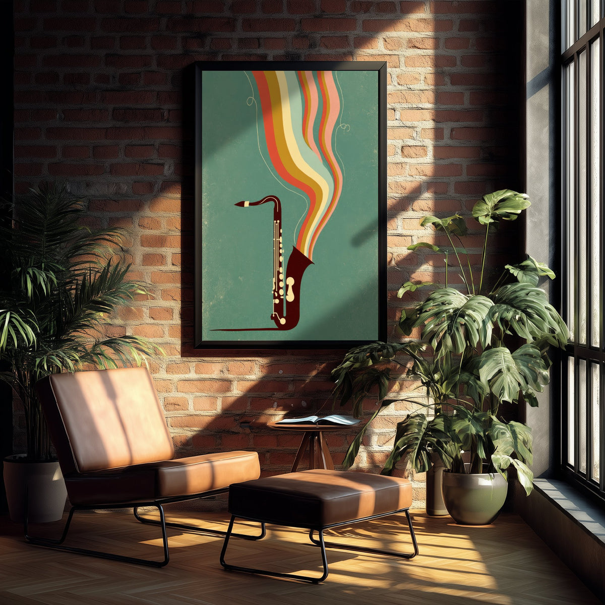 Saxophone Art Print - Burgundy Sax Jazz Poster - Sage Green Rainbow Illustration 2/3
