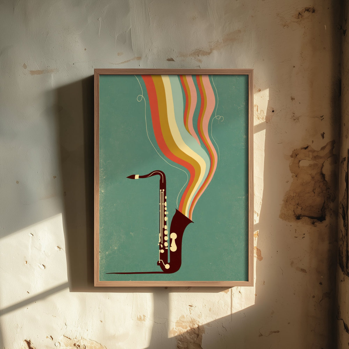Saxophone Art Print - Burgundy Sax Jazz Poster - Sage Green Rainbow Illustration 2/3
