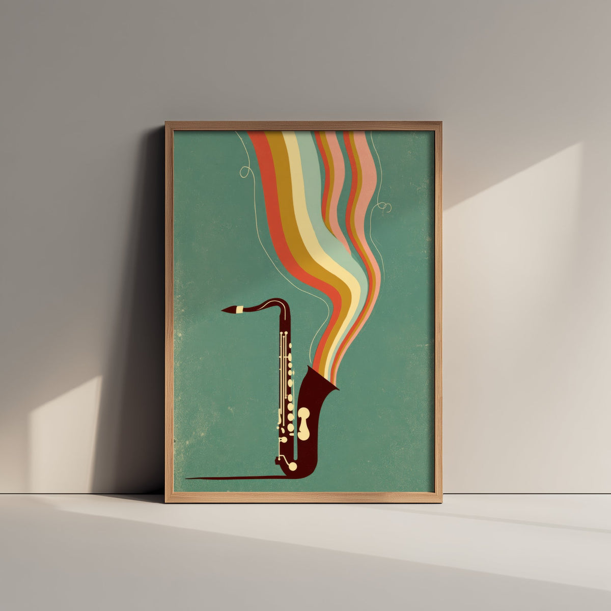 Saxophone Art Print - Burgundy Sax Jazz Poster - Sage Green Rainbow Illustration 2/3