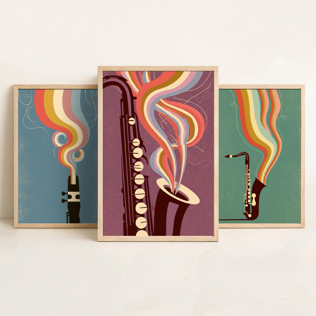 Saxophone Mouthpiece and Keys Set of Three Art Prints - Jazz Sax Poster - Rainbow Woodwind Illustration