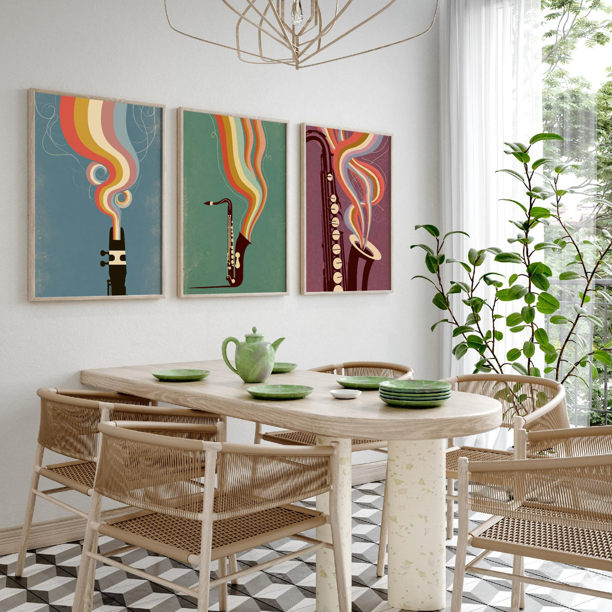 Saxophone Mouthpiece and Keys Set of Three Art Prints - Jazz Sax Poster - Rainbow Woodwind Illustration