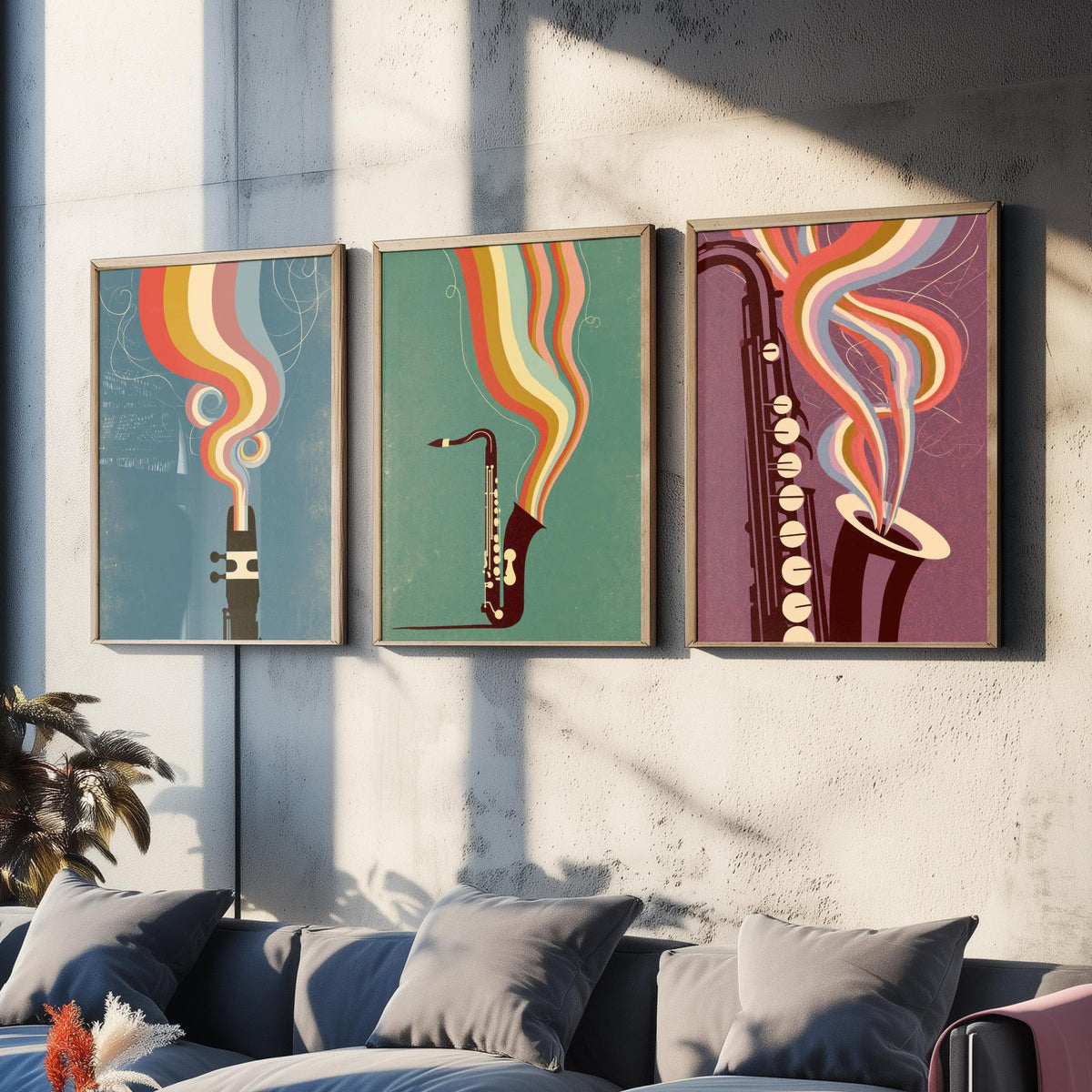 Saxophone Mouthpiece and Keys Set of Three Art Prints - Jazz Sax Poster - Rainbow Woodwind Illustration