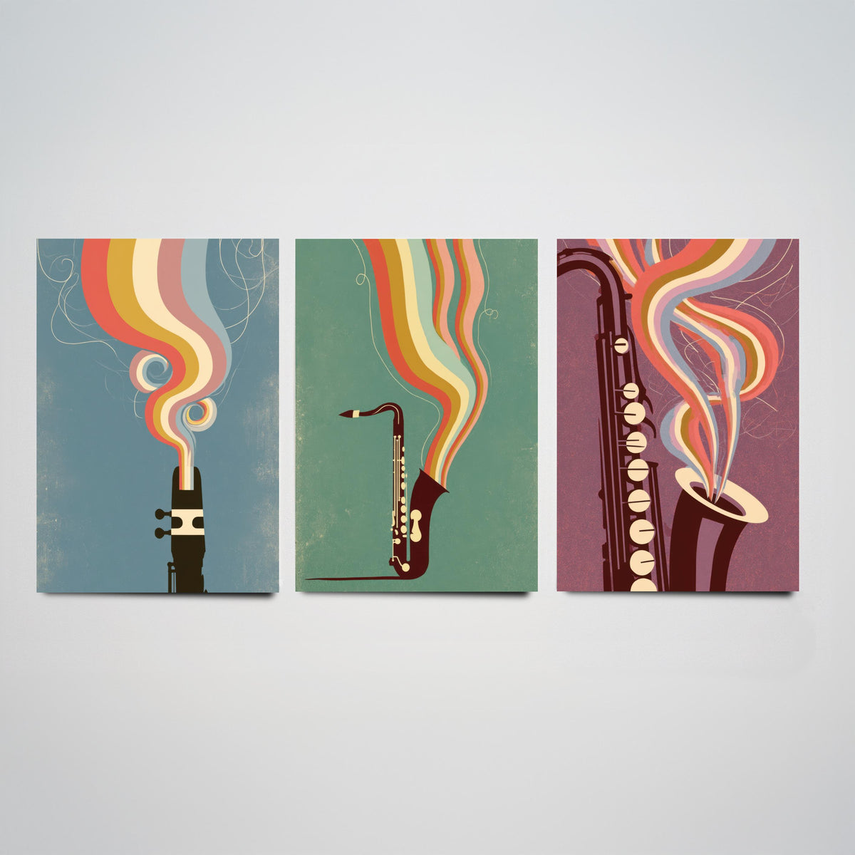Saxophone Mouthpiece and Keys Set of Three Art Prints - Jazz Sax Poster - Rainbow Woodwind Illustration