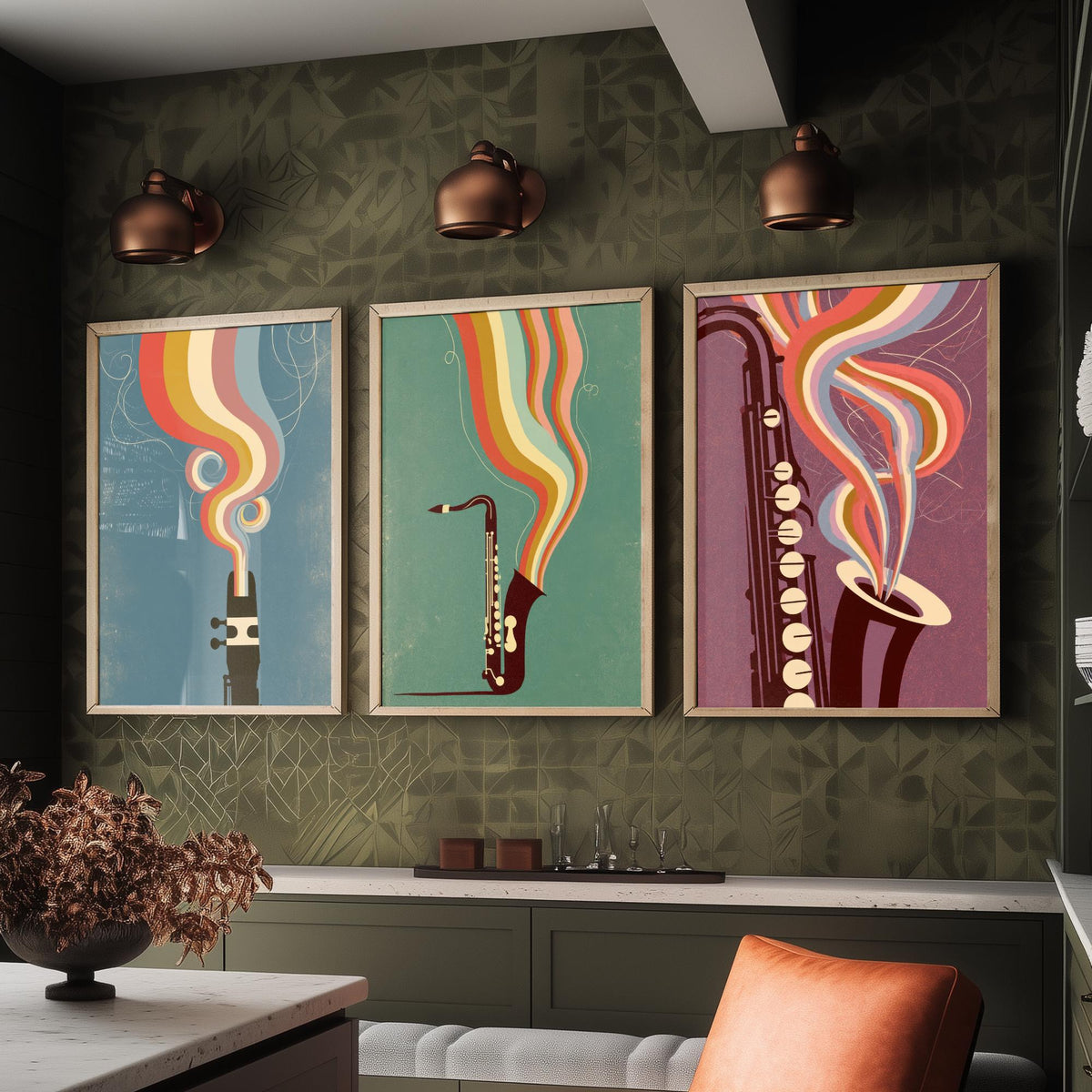 Saxophone Mouthpiece and Keys Set of Three Art Prints - Jazz Sax Poster - Rainbow Woodwind Illustration