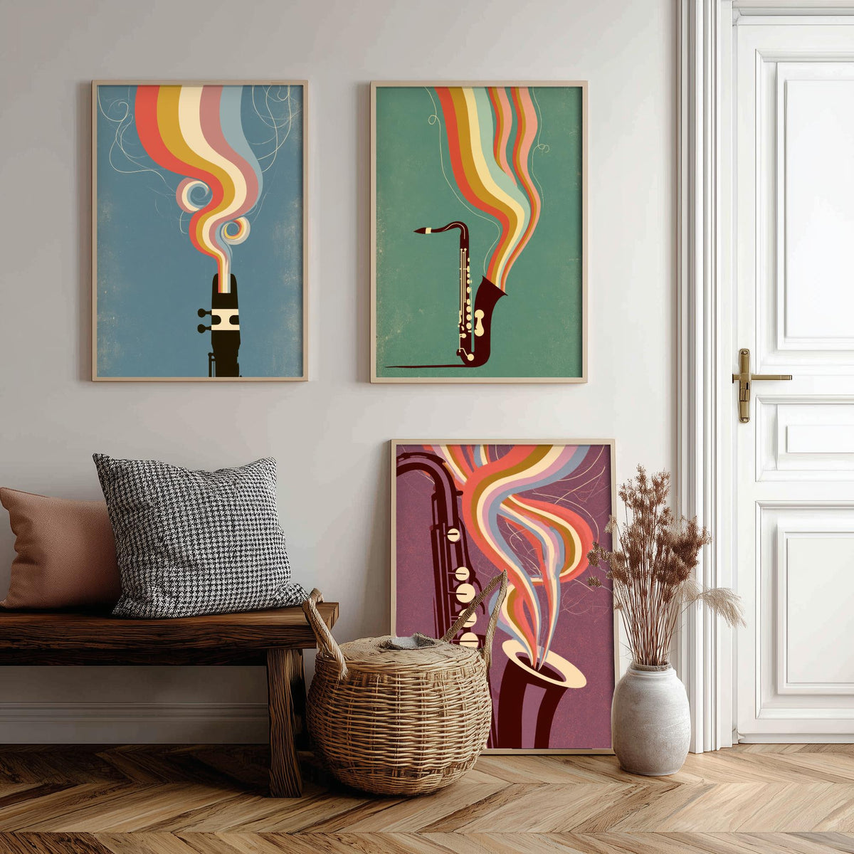 Saxophone Mouthpiece and Keys Set of Three Art Prints - Jazz Sax Poster - Rainbow Woodwind Illustration