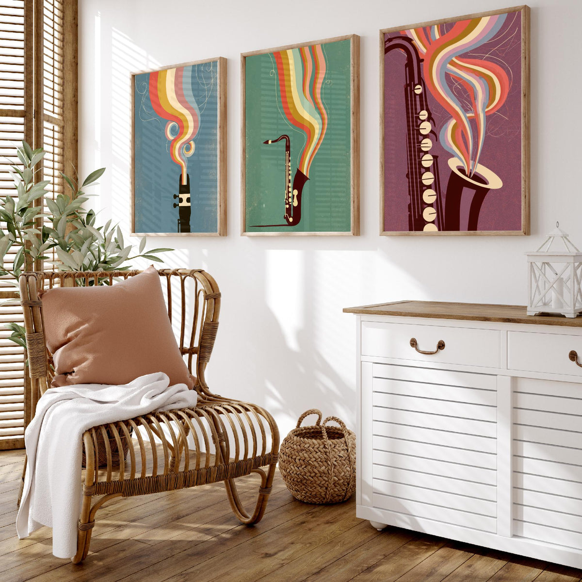 Saxophone Mouthpiece and Keys Set of Three Art Prints - Jazz Sax Poster - Rainbow Woodwind Illustration