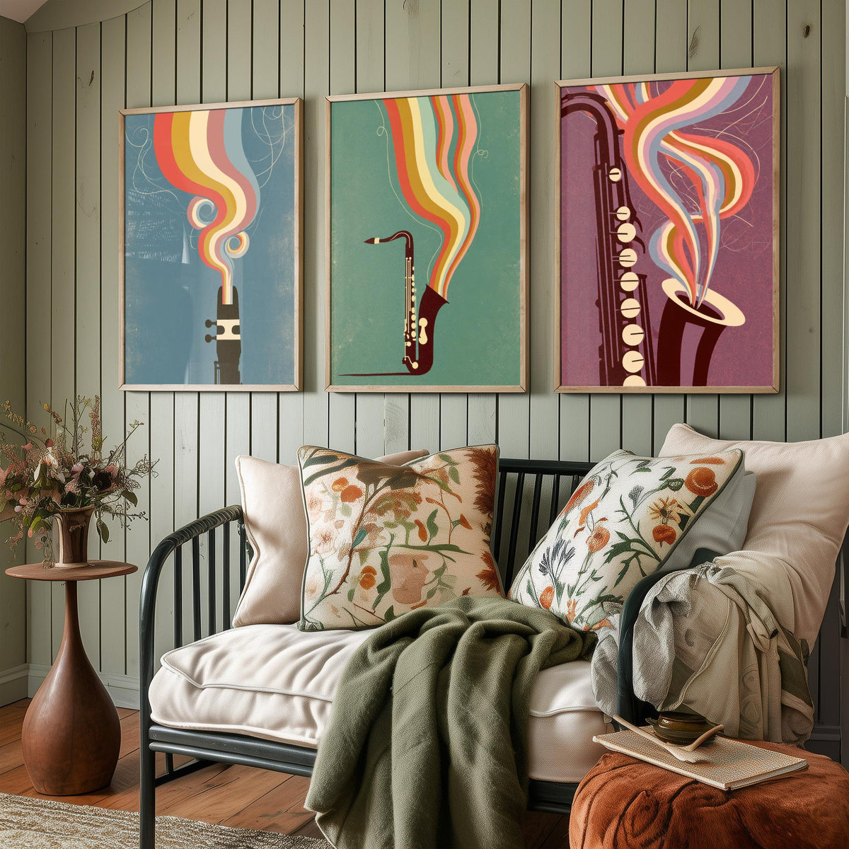 Saxophone Mouthpiece and Keys Set of Three Art Prints - Jazz Sax Poster - Rainbow Woodwind Illustration