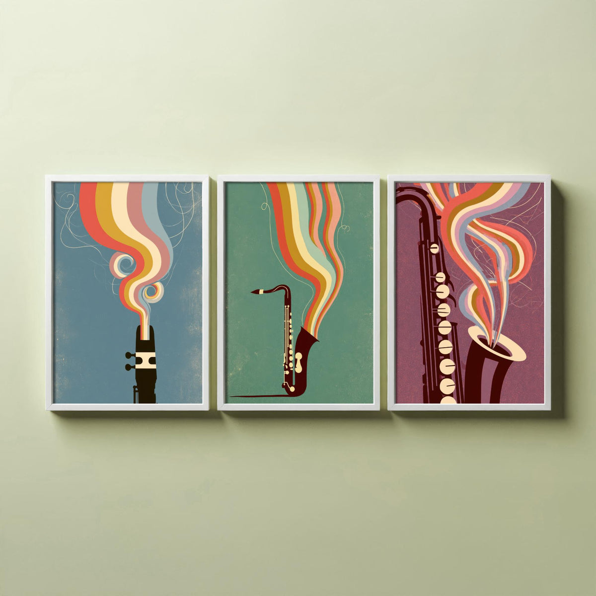 Saxophone Mouthpiece and Keys Set of Three Art Prints - Jazz Sax Poster - Rainbow Woodwind Illustration