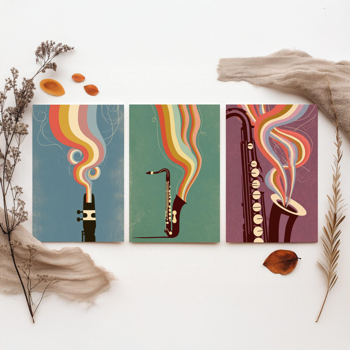 Saxophone Mouthpiece and Keys Set of Three Art Prints - Jazz Sax Poster - Rainbow Woodwind Illustration