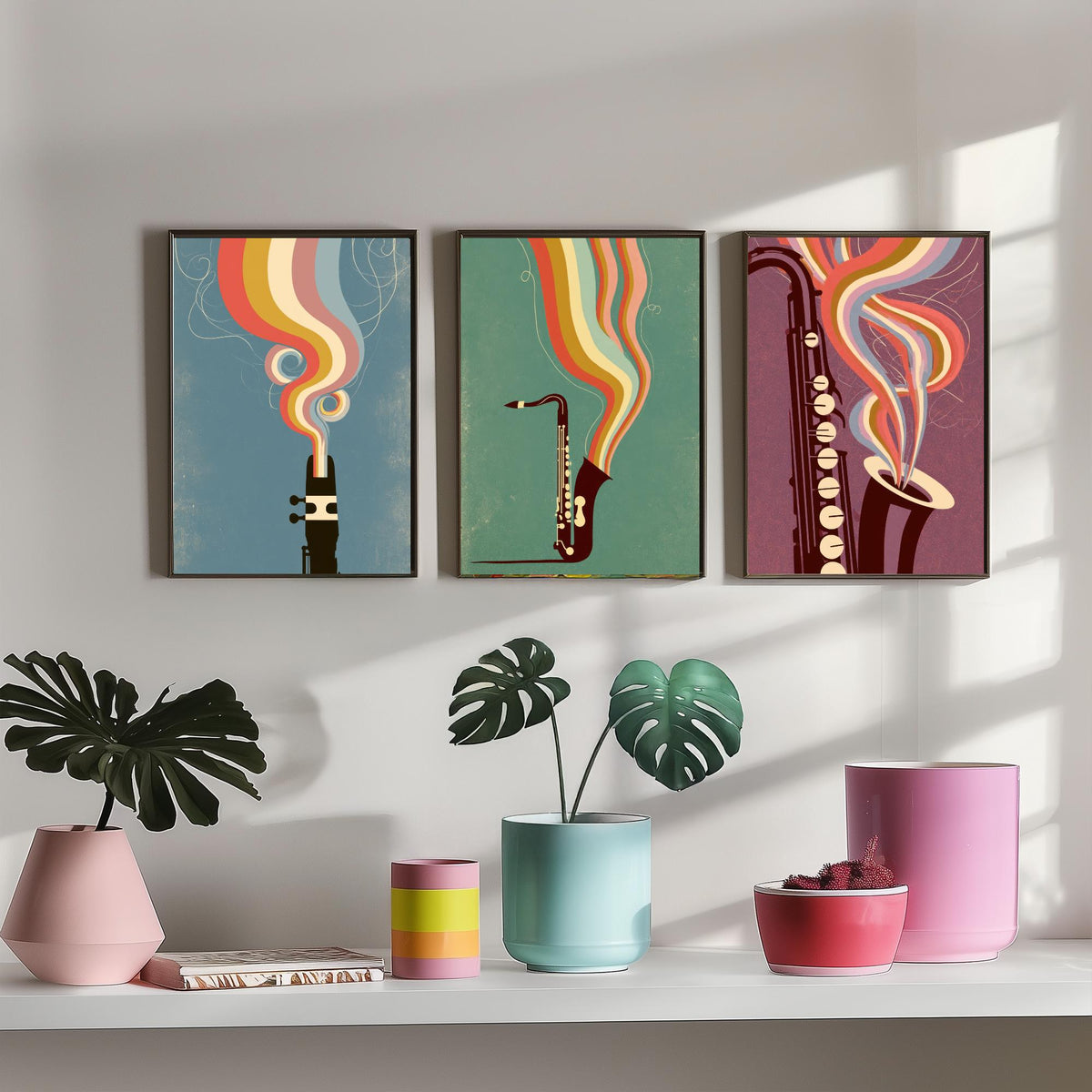 Saxophone Mouthpiece and Keys Set of Three Art Prints - Jazz Sax Poster - Rainbow Woodwind Illustration