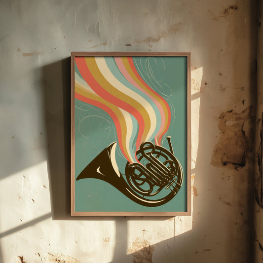 French Horn Art Print - Orchestral Brass Poster - Sage Rainbow Ribbon Illustration 2/3